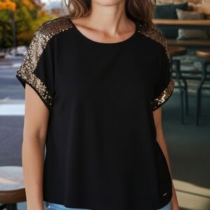 Anne Klein - Black Blouse With Gold Colored Embellishments On Short Sleeves,...